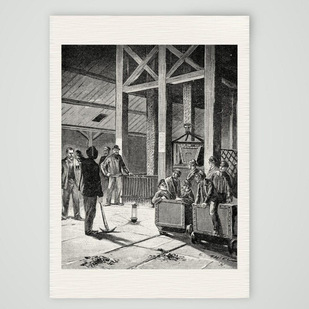 Bergleute bei der Einfahrt in den Schacht – Holzstich, Kunstdruck auf Leinenpapier