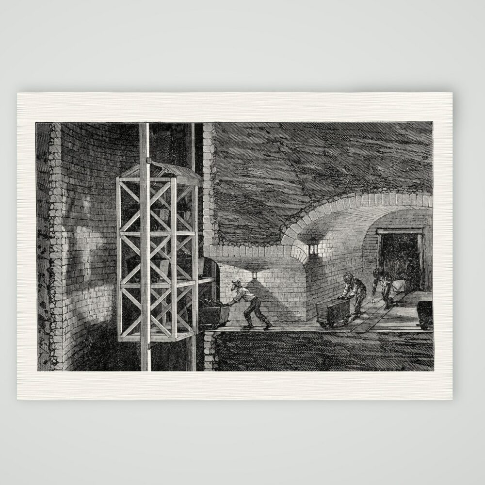 Verladung der Hunte unter Tage – Holzstich, Kunstdruck auf Leinenpapier