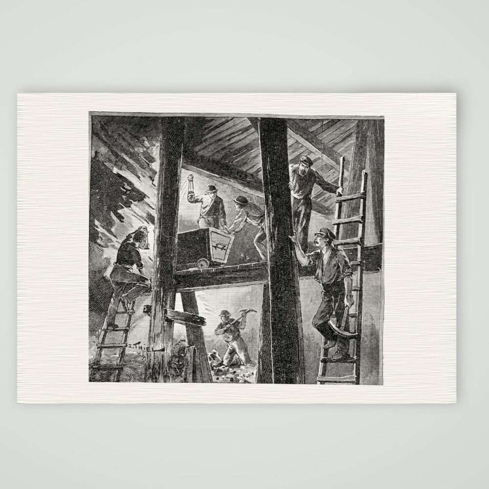 Bergleute bei der Arbeit unter Tage – Holzstich, Kunstdruck auf Leinenpapier