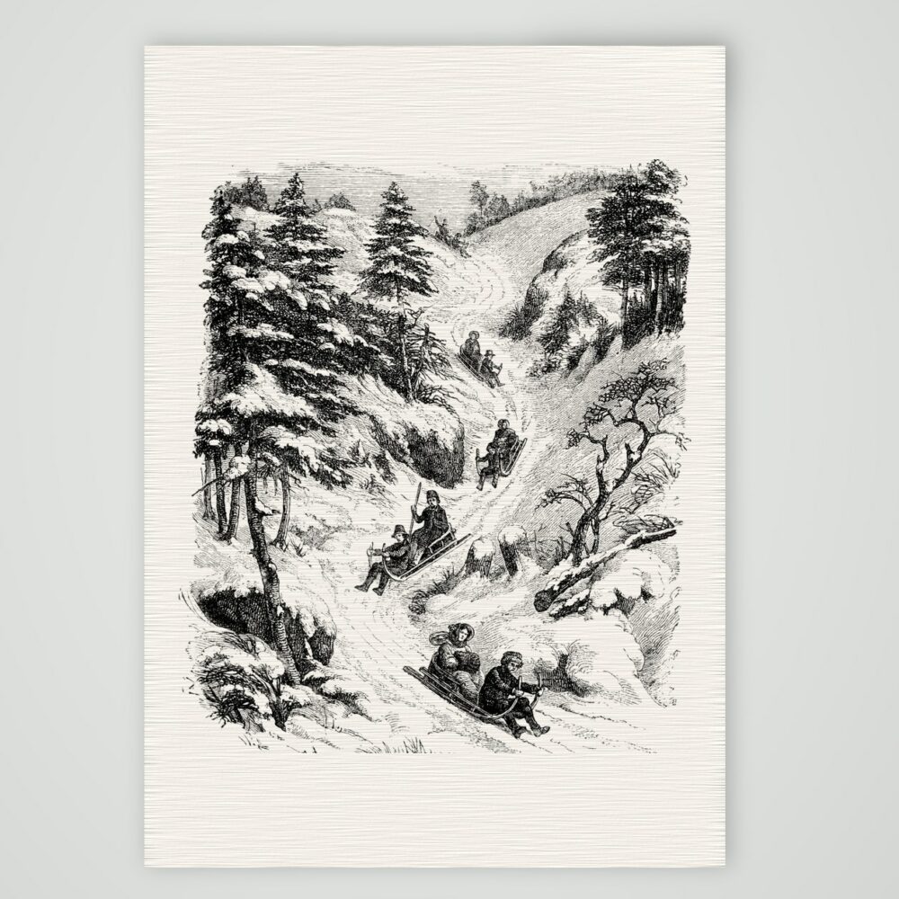 Schlittenfahrt im Erzgebirge – Holzstich, Kunstdruck auf Leinenpapier