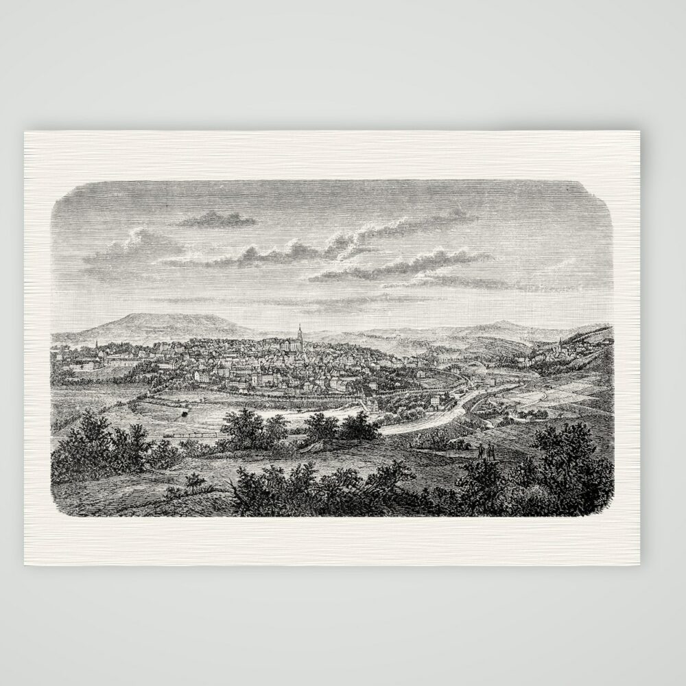 Annaberg-Buchholz mit dem Pöhlberg – Holzstich, Kunstdruck auf Leinenpapier