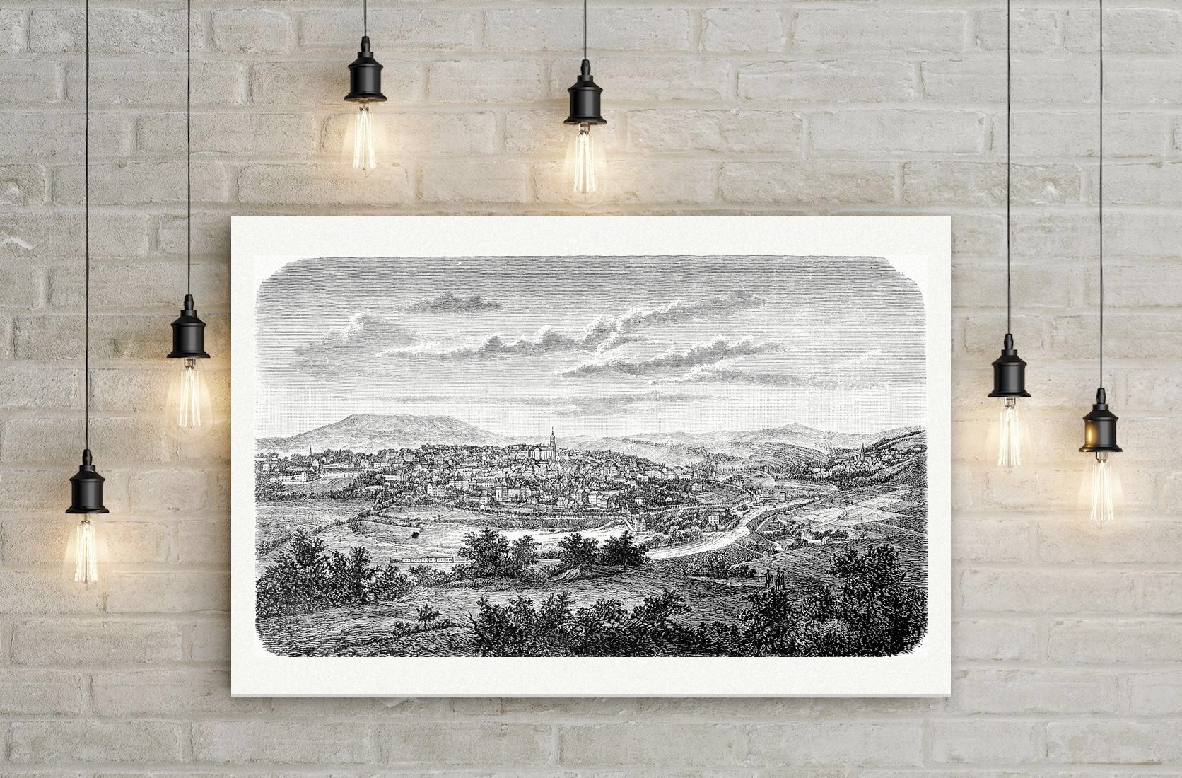 Annaberg-Buchholz mit dem Pöhlberg – Holzstich, Leinwanddruck auf Holzkeilrahmen an der Wand