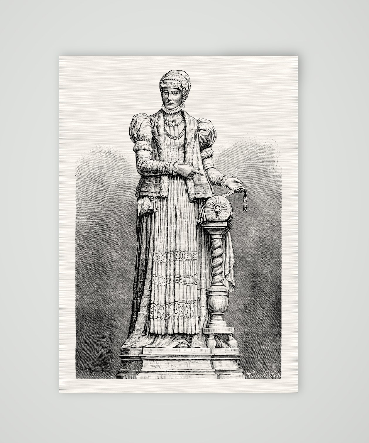 Annaberg, Denkmal der Barbara Uttmann – Holzstich, Kunstdruck auf Leinenpapier