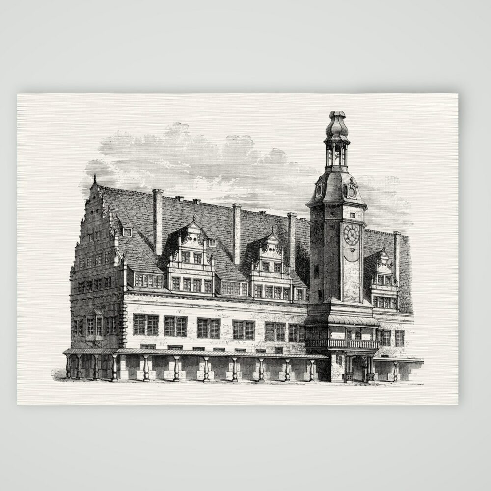 Leipzig, das Alte Rathaus in seiner ursprünglichen Gestalt – Holzstich, Kunstdruck auf Leinenpapier