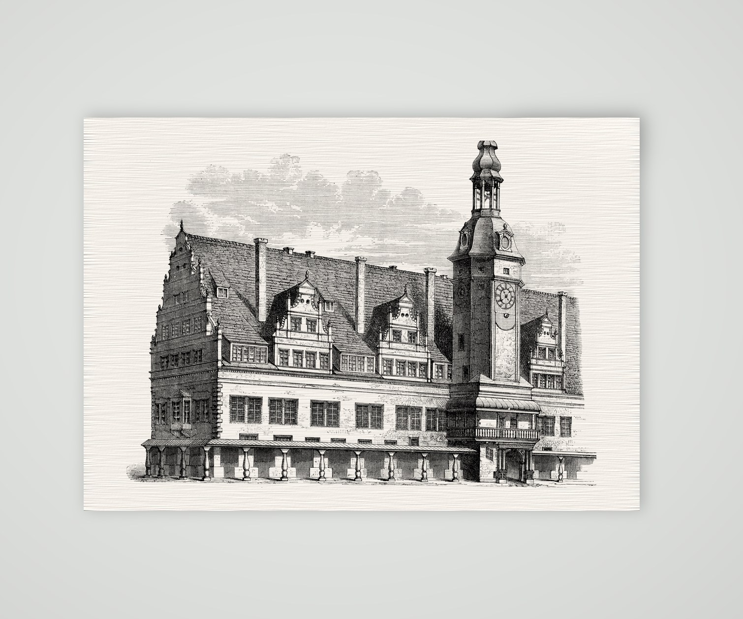 Leipzig, das Alte Rathaus in seiner ursprünglichen Gestalt – Holzstich, Kunstdruck auf Leinenpapier