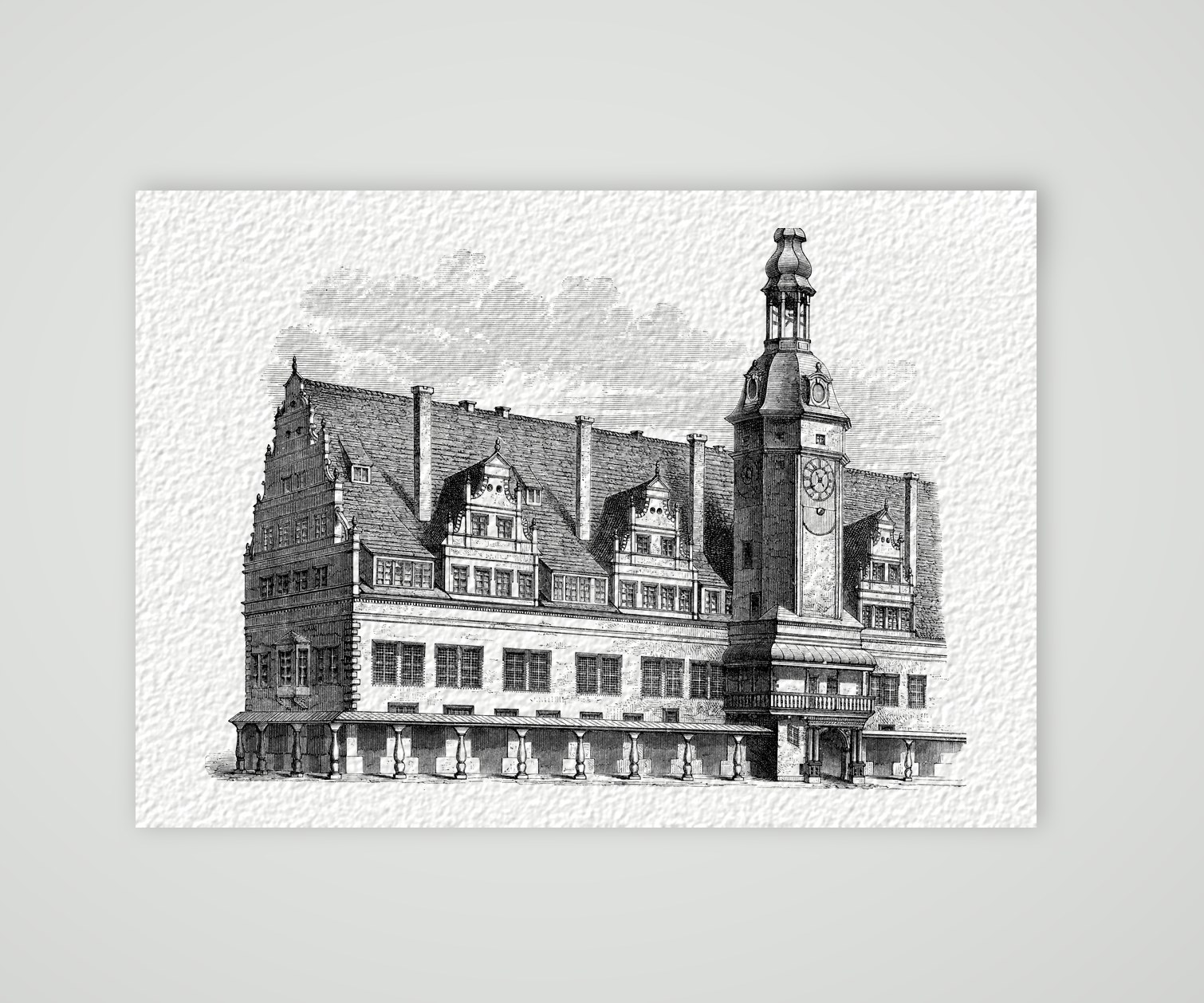 Leipzig, das Alte Rathaus in seiner ursprünglichen Gestalt – Holzstich, Kunstdruck auf Hahnemühle-Büttenpapier