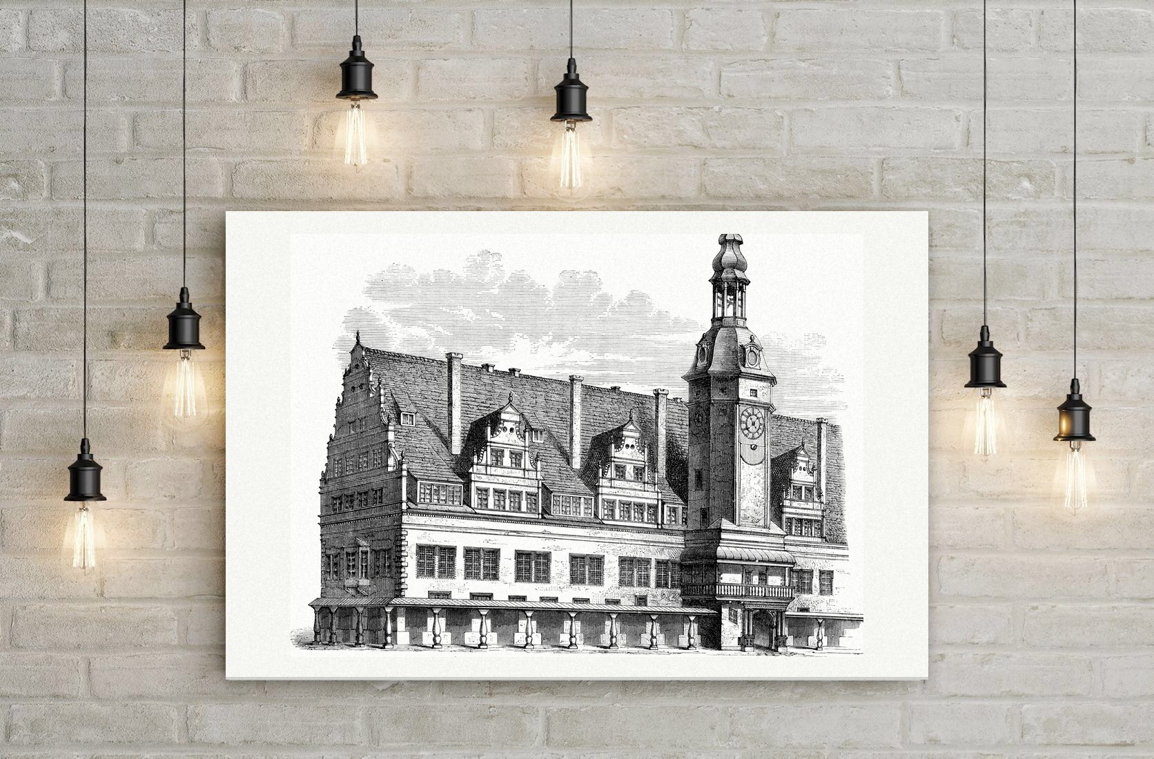 Leipzig, das Alte Rathaus in seiner ursprünglichen Gestalt – Holzstich, Leinwanddruck auf Holzkeilrahmen an der Wand