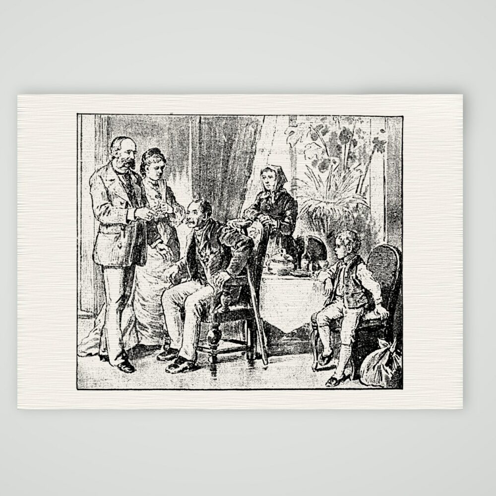 Bürgerliche Familienszene – Buchreproduktion nach Zeichnung, Kunstdruck auf Leinenpapier