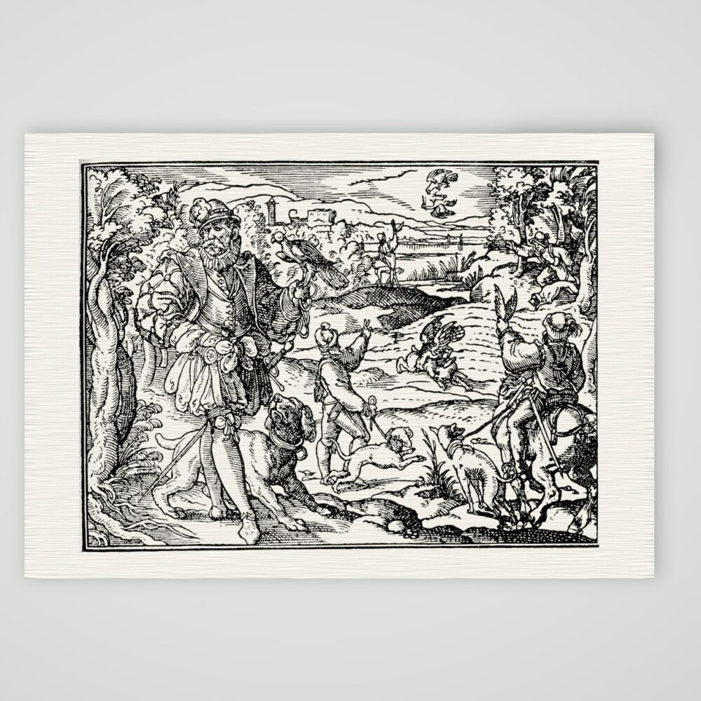 Falkenjagd – Holzschnitt nach dem 16. Jahrhundert – Faksimile nach Holzschnitt des 16. Jh., Kunstdruck auf Leinenpapier