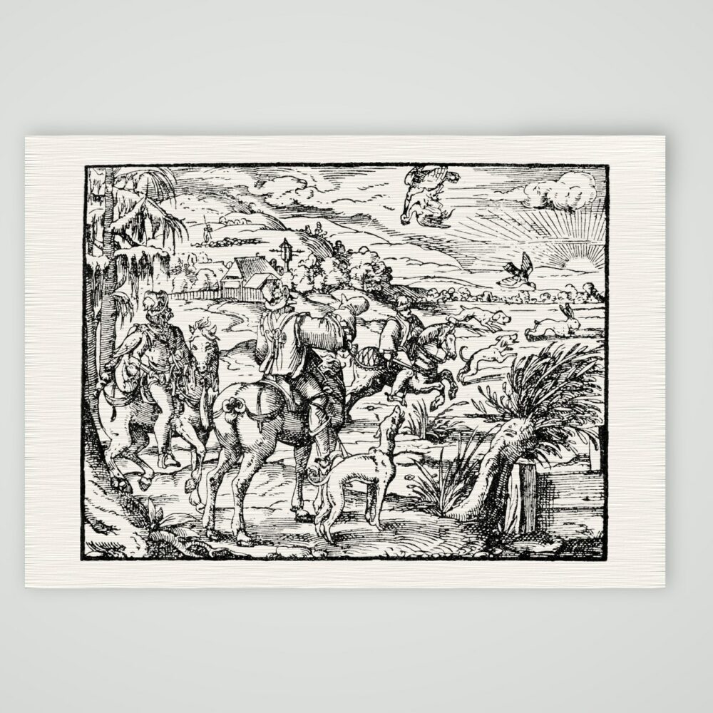 Falkenjagd auf Reiher – Holzschnitt nach dem 16. Jahrhundert – Faksimile nach Holzschnitt des 16. Jh., Kunstdruck auf Leinenpapier