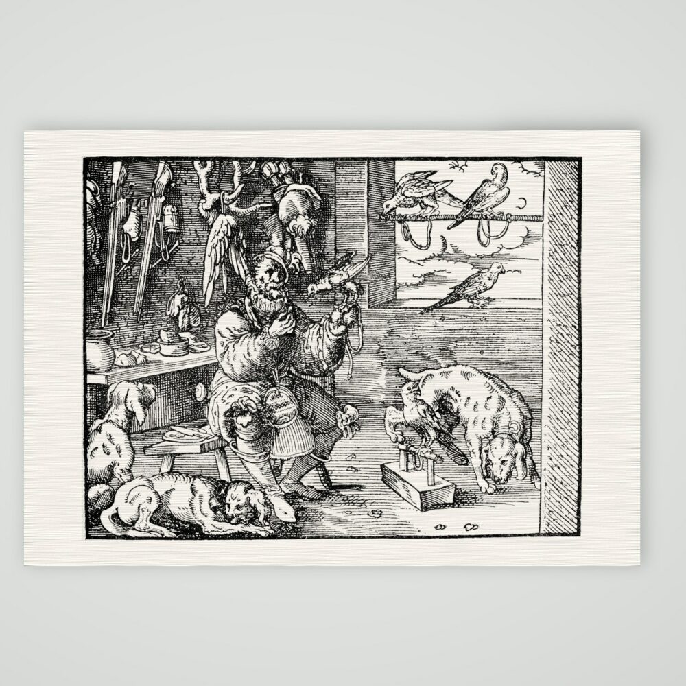 Die Falkenstube – Holzschnitt nach dem 16. Jahrhundert – Faksimile nach Holzschnitt des 16. Jh., Kunstdruck auf Leinenpapier