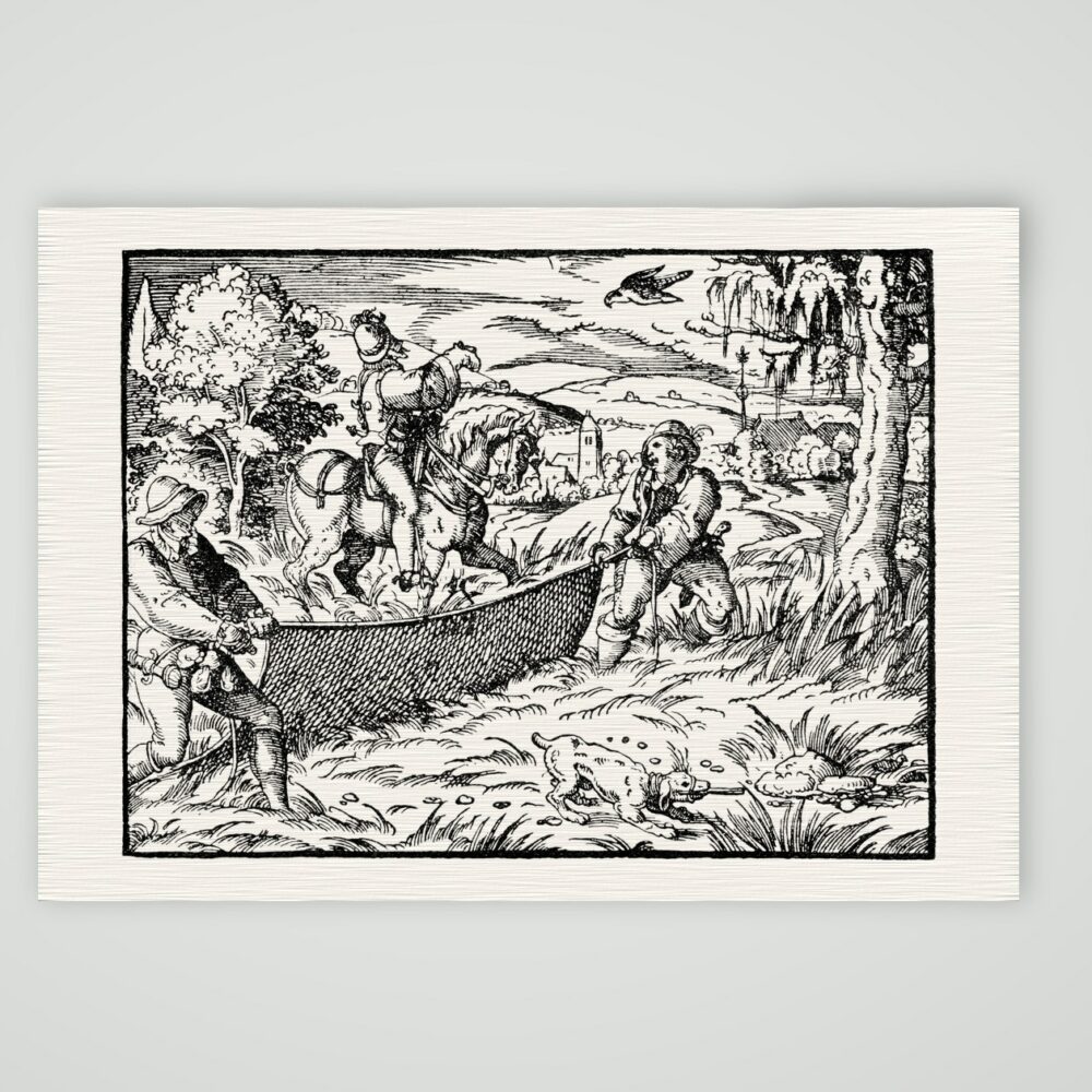 Vogelfang mit dem Netz – Holzschnitt nach dem 16. Jahrhundert – Faksimile nach Holzschnitt des 16. Jh., Kunstdruck auf Leinenpapier