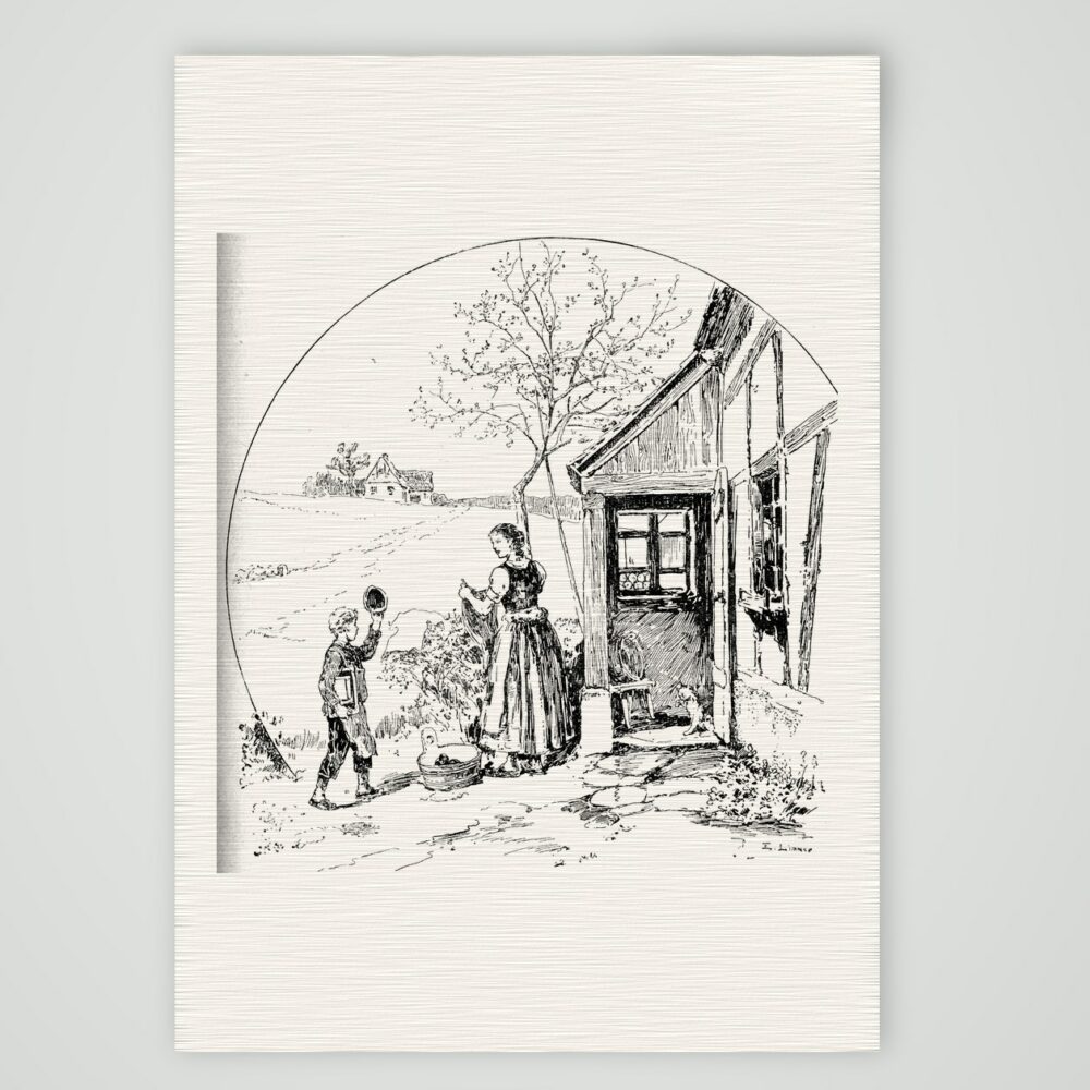 Mädchen und Knabe am Bauernhaus – Federzeichnung, Kunstdruck auf Leinenpapier
