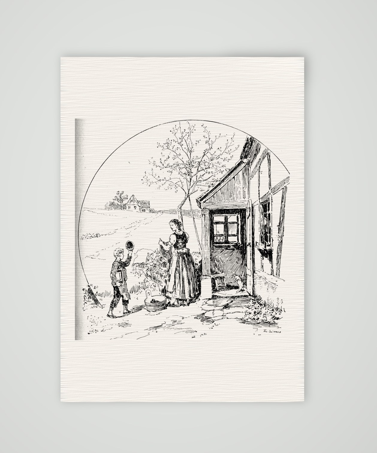 Mädchen und Knabe am Bauernhaus – Federzeichnung, Kunstdruck auf Leinenpapier