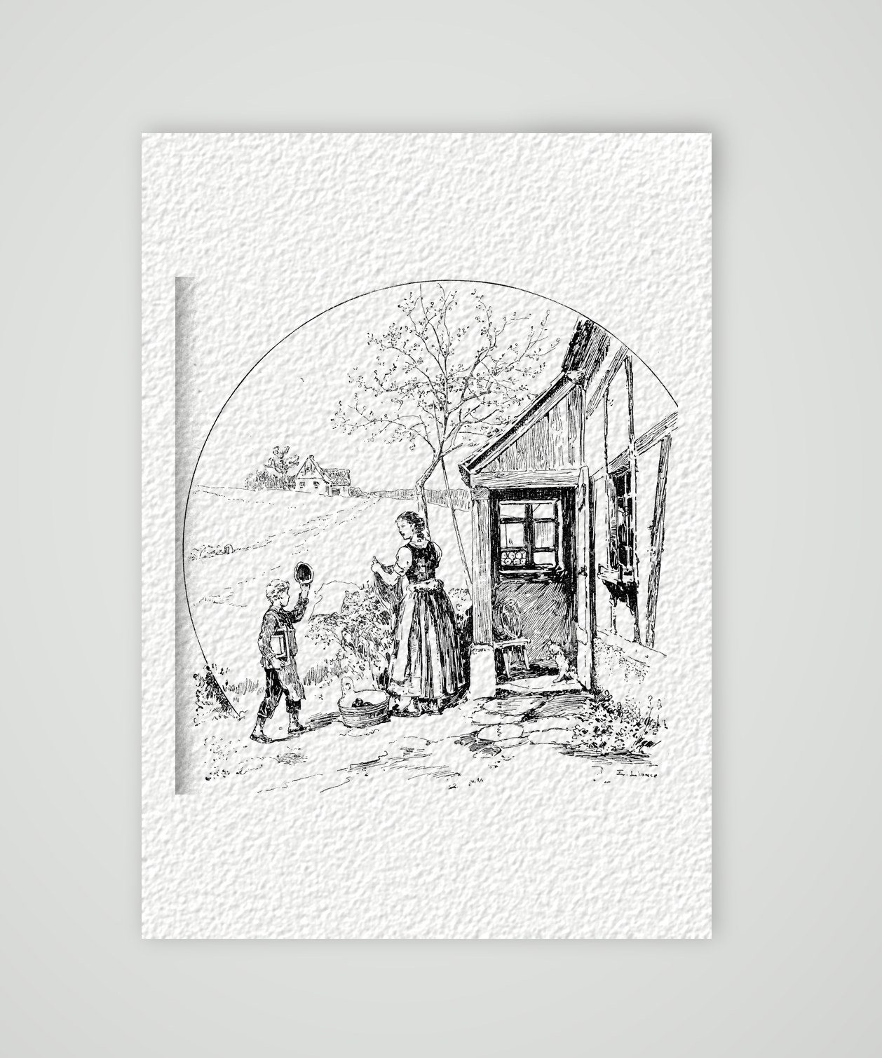 Mädchen und Knabe am Bauernhaus – Federzeichnung, Kunstdruck auf Hahnemühle-Büttenpapier