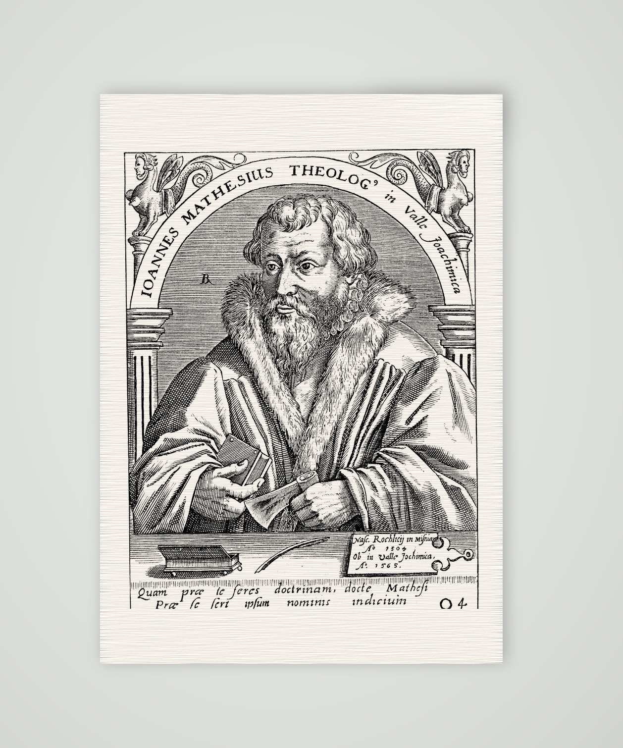 Johannes Mathesius, Theologe in Joachimsthal – Nachdruck eines Kupferstichs des 16. Jh., Kunstdruck auf Leinenpapier