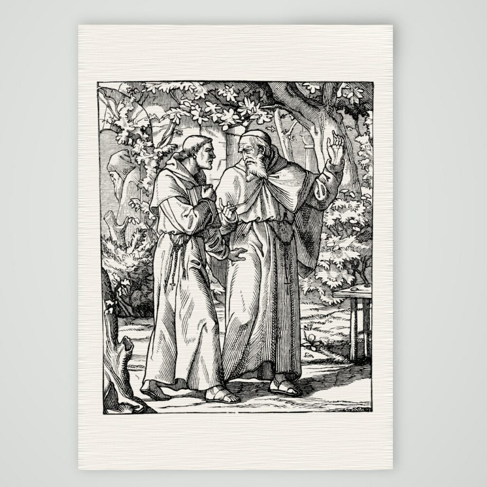 Luther mit dem Klosterbruder auf der Reise nach Rom – Holzstich, Kunstdruck auf Leinenpapier