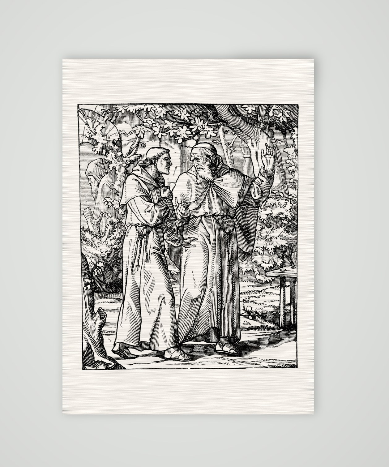 Luther mit dem Klosterbruder auf der Reise nach Rom – Holzstich, Kunstdruck auf Leinenpapier