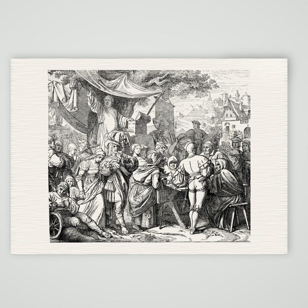 Tetzels Ablasskram nach Trentwald – Holzstich nach dem Gemälde von Trentwald, Kunstdruck auf Leinenpapier
