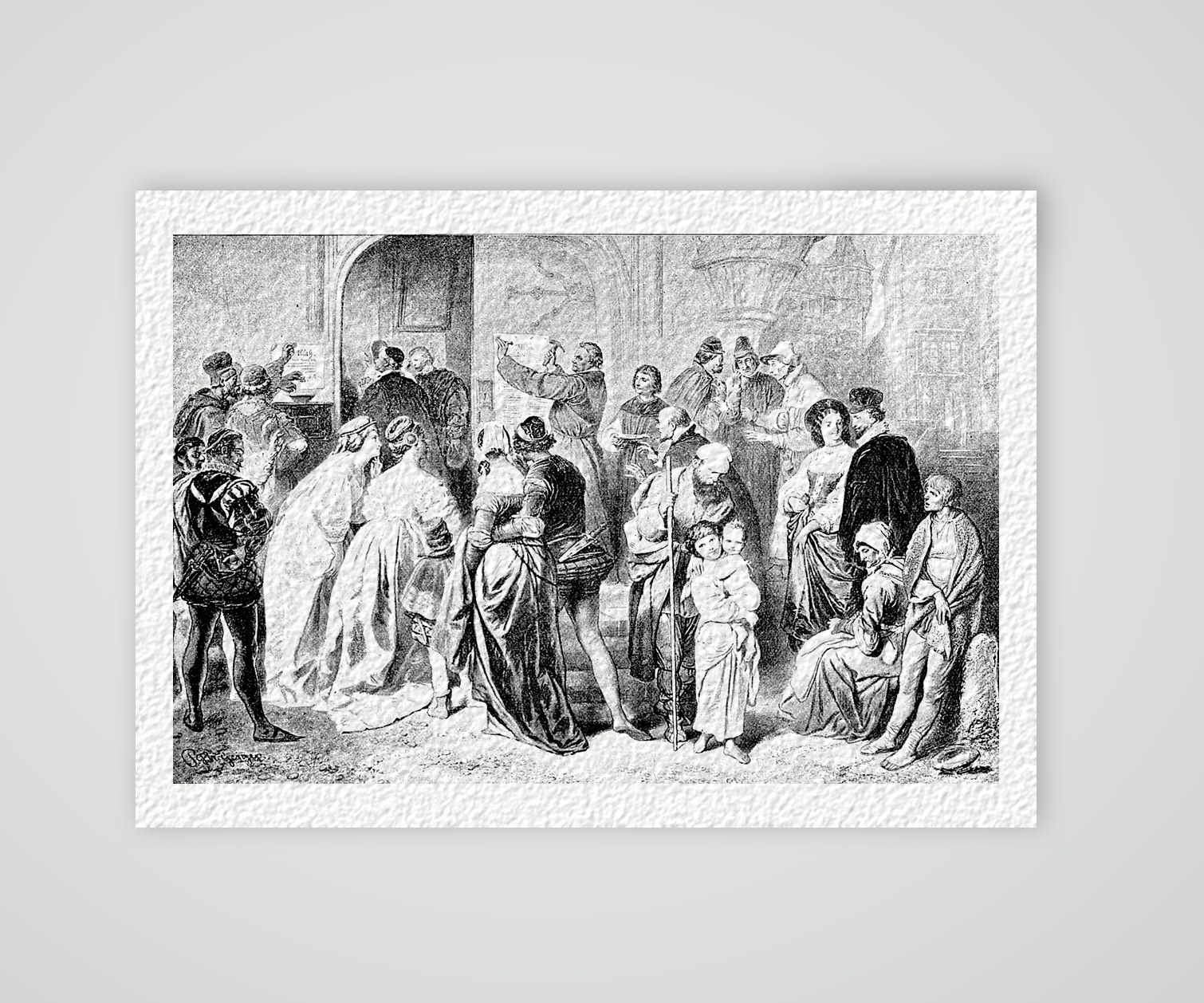 Luther schlägt die 95 Thesen an – nach Geiger – Buchreproduktion nach dem Gemälde von Geiger, Kunstdruck auf Hahnemühle-Büttenpapier