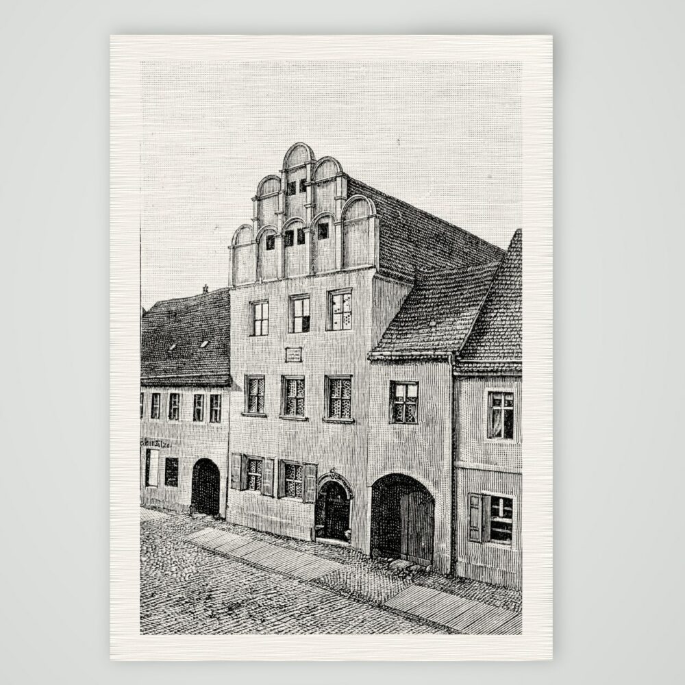 Melanchthons Wohnhaus in Wittenberg – Holzstich, Kunstdruck auf Leinenpapier