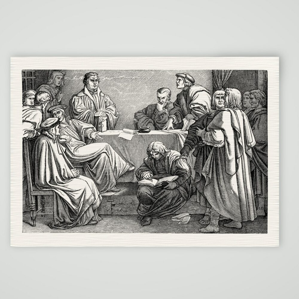 Luthers Disputation mit Dr. Eck nach Trentwald – Holzstich nach dem Gemälde von Trentwald, Kunstdruck auf Leinenpapier
