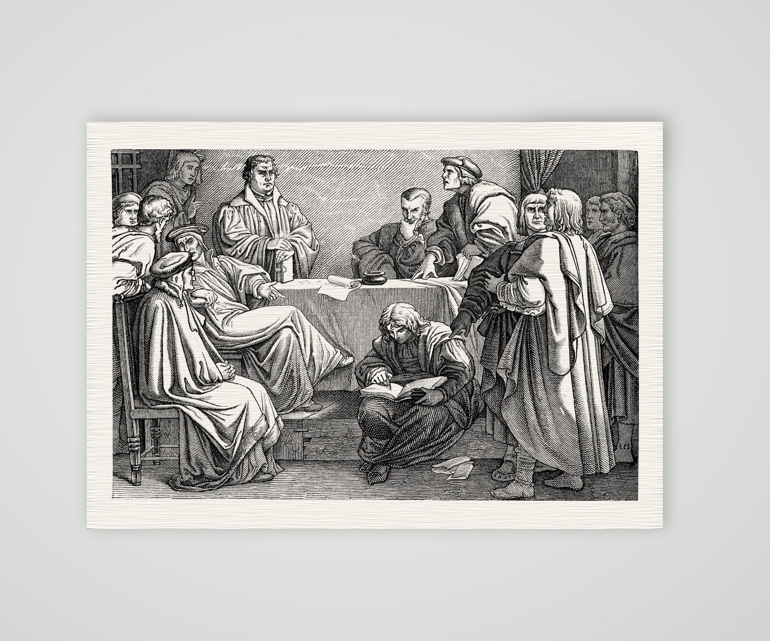 Luthers Disputation mit Dr. Eck nach Trentwald – Holzstich nach dem Gemälde von Trentwald, Kunstdruck auf Leinenpapier