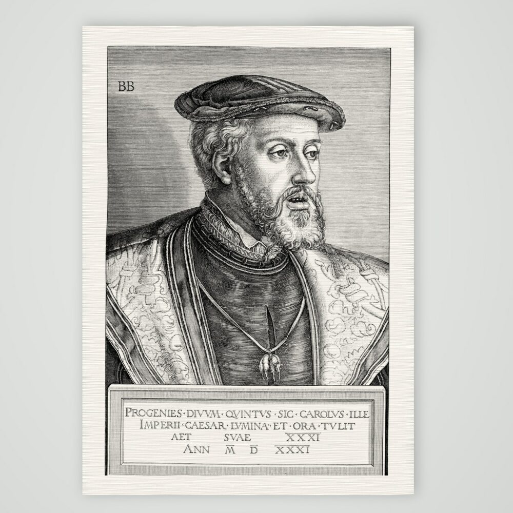 Kaiser Karl V. nach Barthel Beham (1531) – Nachbildung des Kupferstichs von Barthel Beham (1531), Kunstdruck auf Leinenpapier