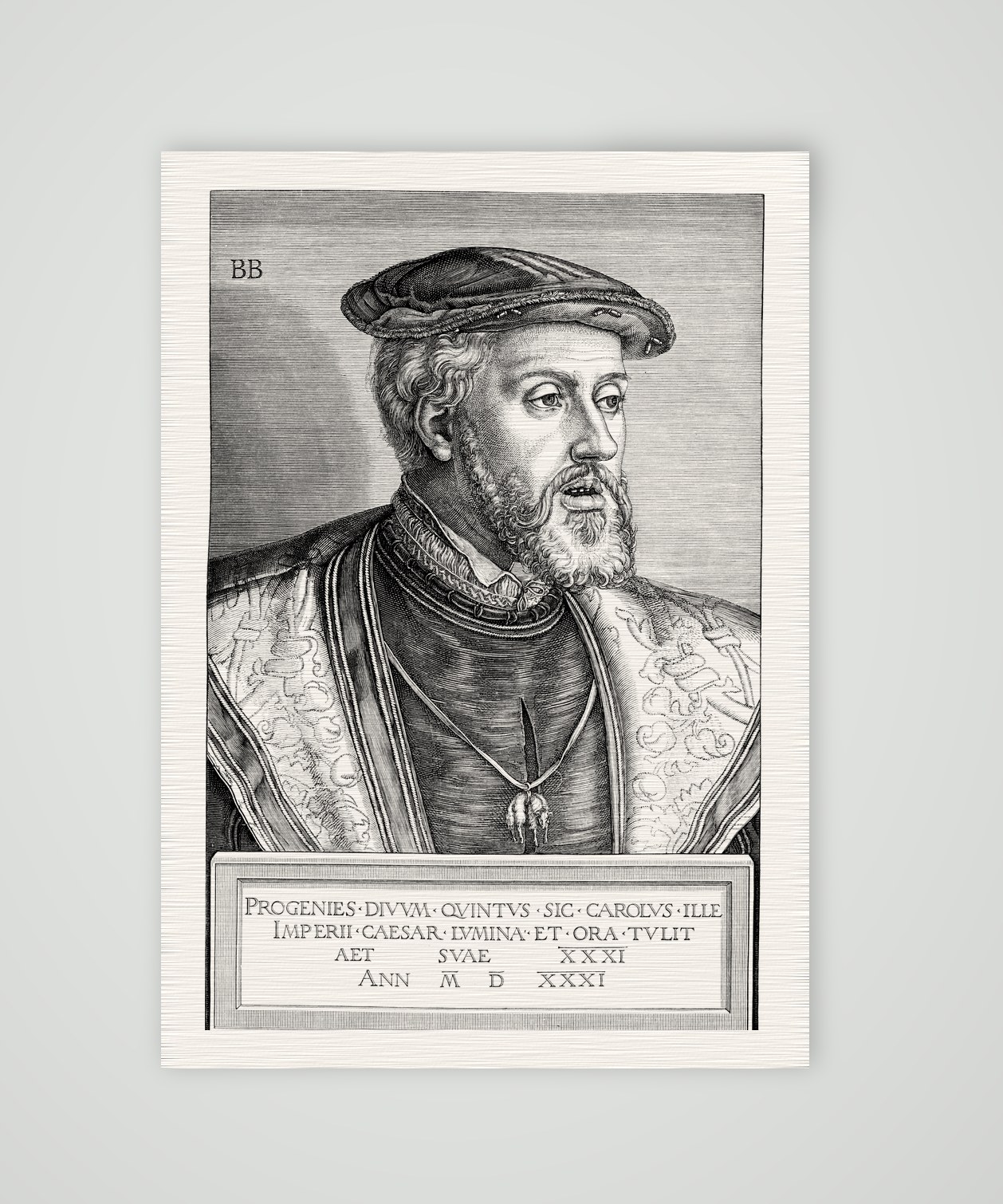 Kaiser Karl V. nach Barthel Beham (1531) – Nachbildung des Kupferstichs von Barthel Beham (1531), Kunstdruck auf Leinenpapier