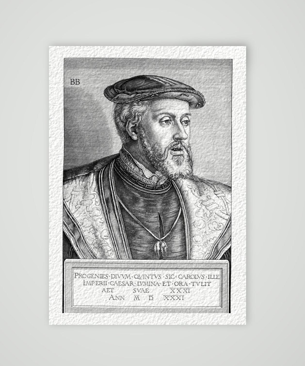 Kaiser Karl V. nach Barthel Beham (1531) – Nachbildung des Kupferstichs von Barthel Beham (1531), Kunstdruck auf Hahnemühle-Büttenpapier