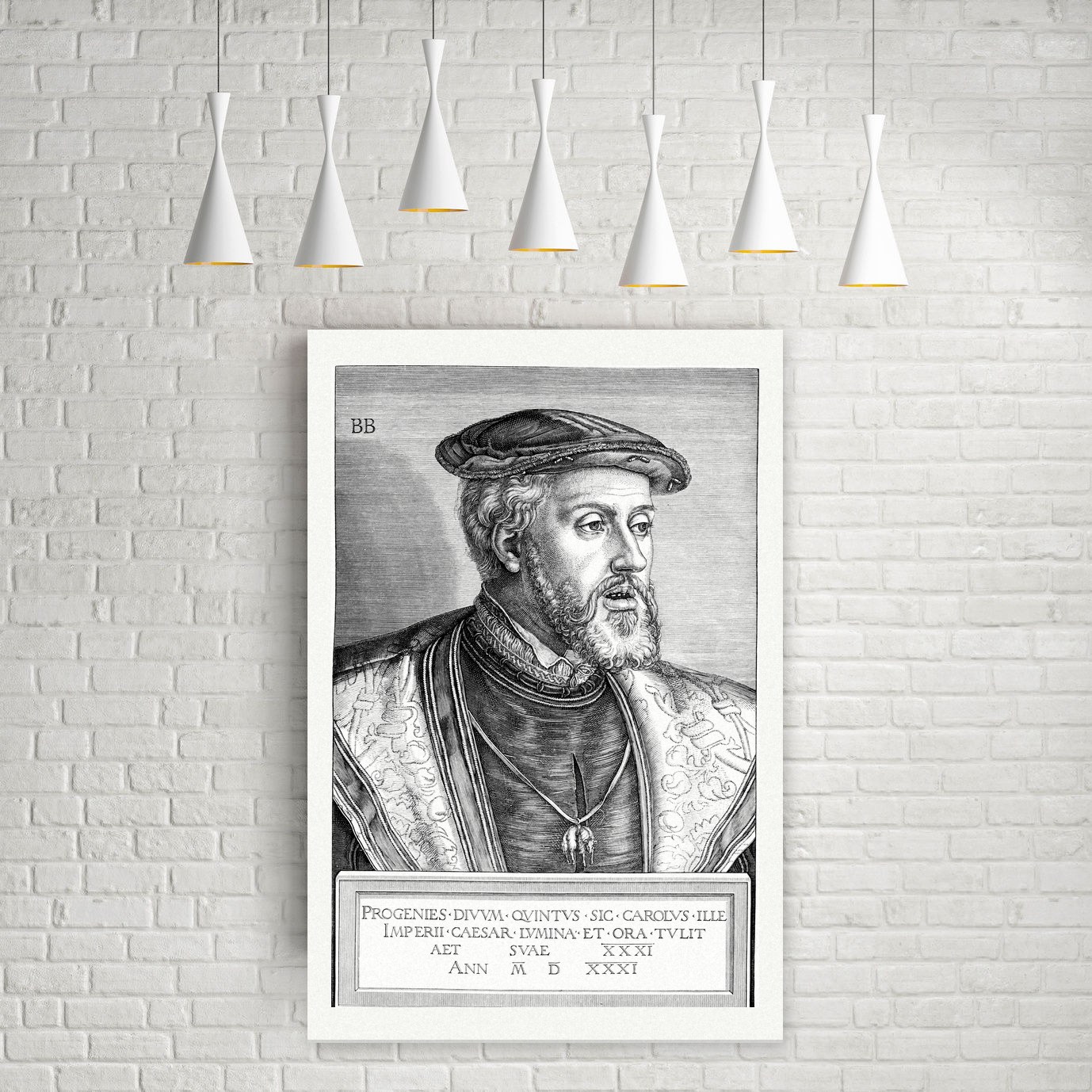 Kaiser Karl V. nach Barthel Beham (1531) – Nachbildung des Kupferstichs von Barthel Beham (1531), Leinwanddruck auf Holzkeilrahmen an der Wand