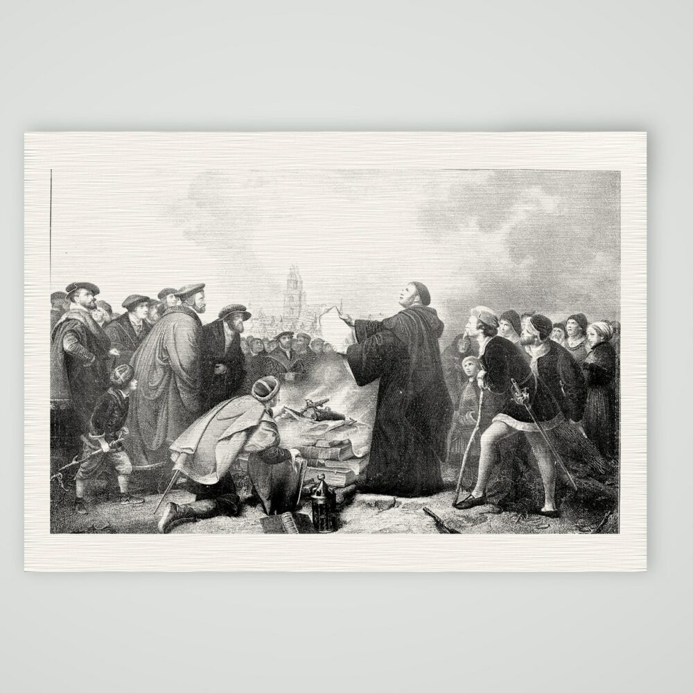 Luther verbrennt die Bannbulle – nach Lessing – Buchreproduktion nach dem Gemälde von C. F. Lessing (gestochen von Janzen), Kunstdruck auf Leinenpapier