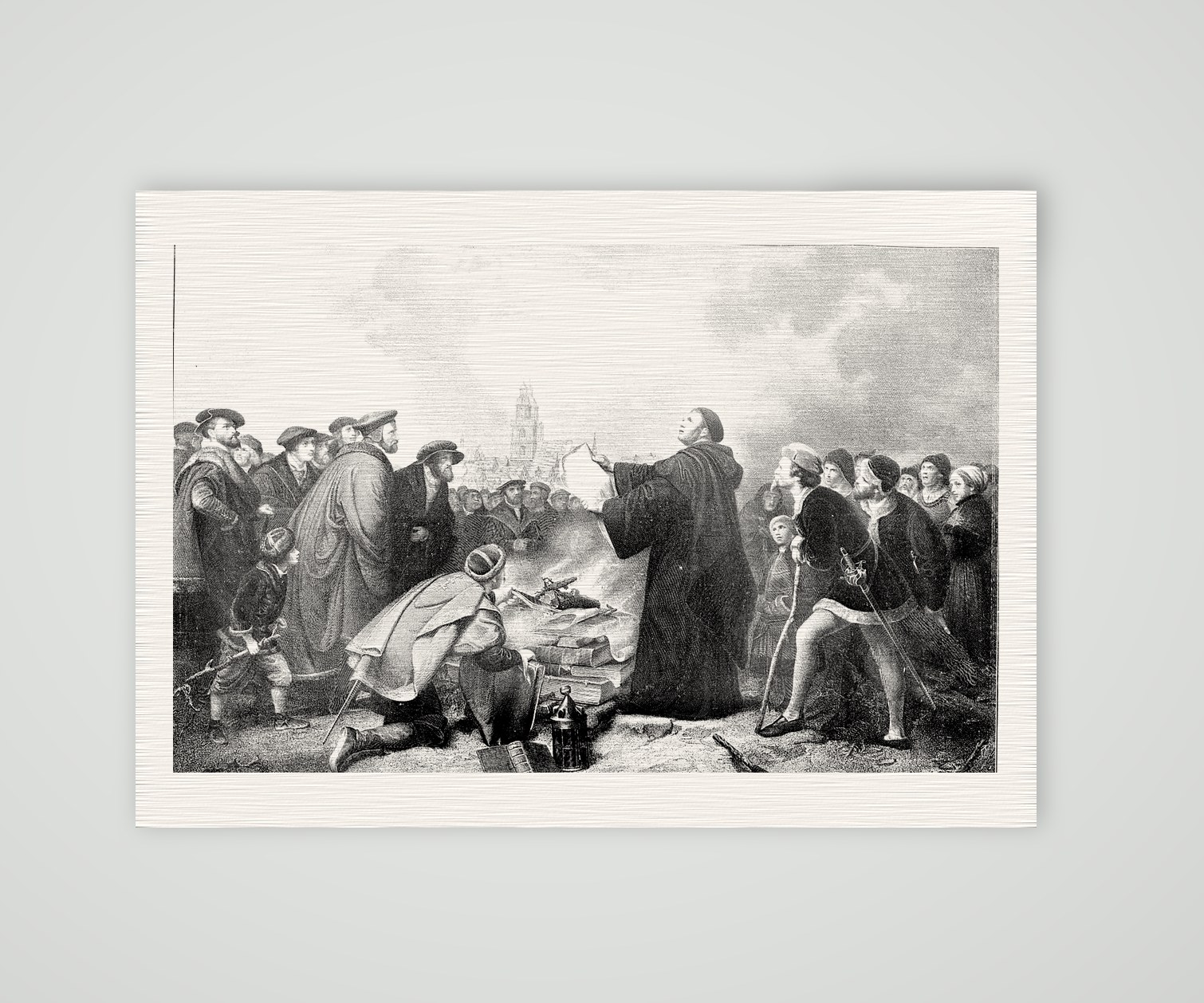 Luther verbrennt die Bannbulle – nach Lessing – Buchreproduktion nach dem Gemälde von C. F. Lessing (gestochen von Janzen), Kunstdruck auf Leinenpapier