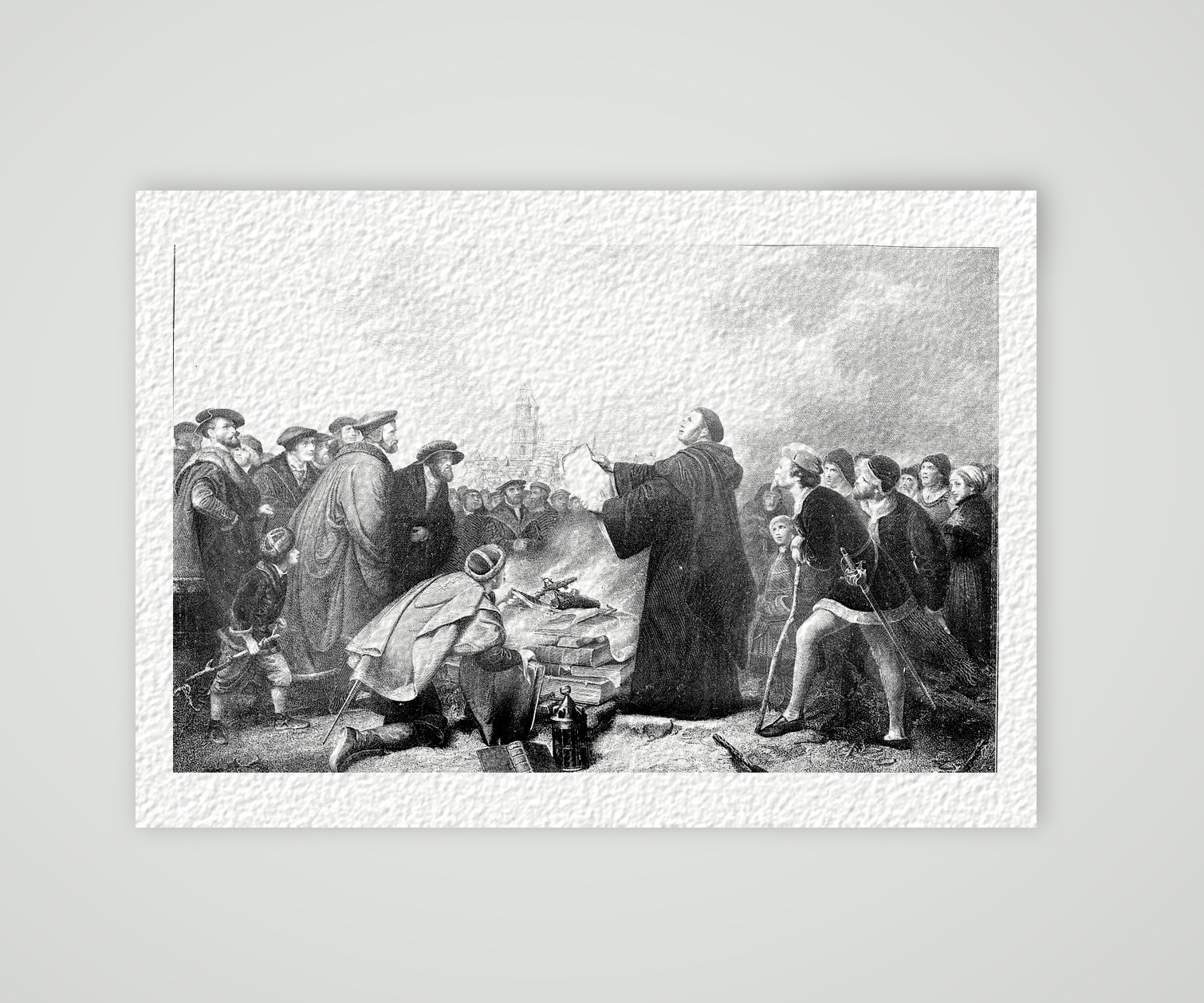 Luther verbrennt die Bannbulle – nach Lessing – Buchreproduktion nach dem Gemälde von C. F. Lessing (gestochen von Janzen), Kunstdruck auf Hahnemühle-Büttenpapier