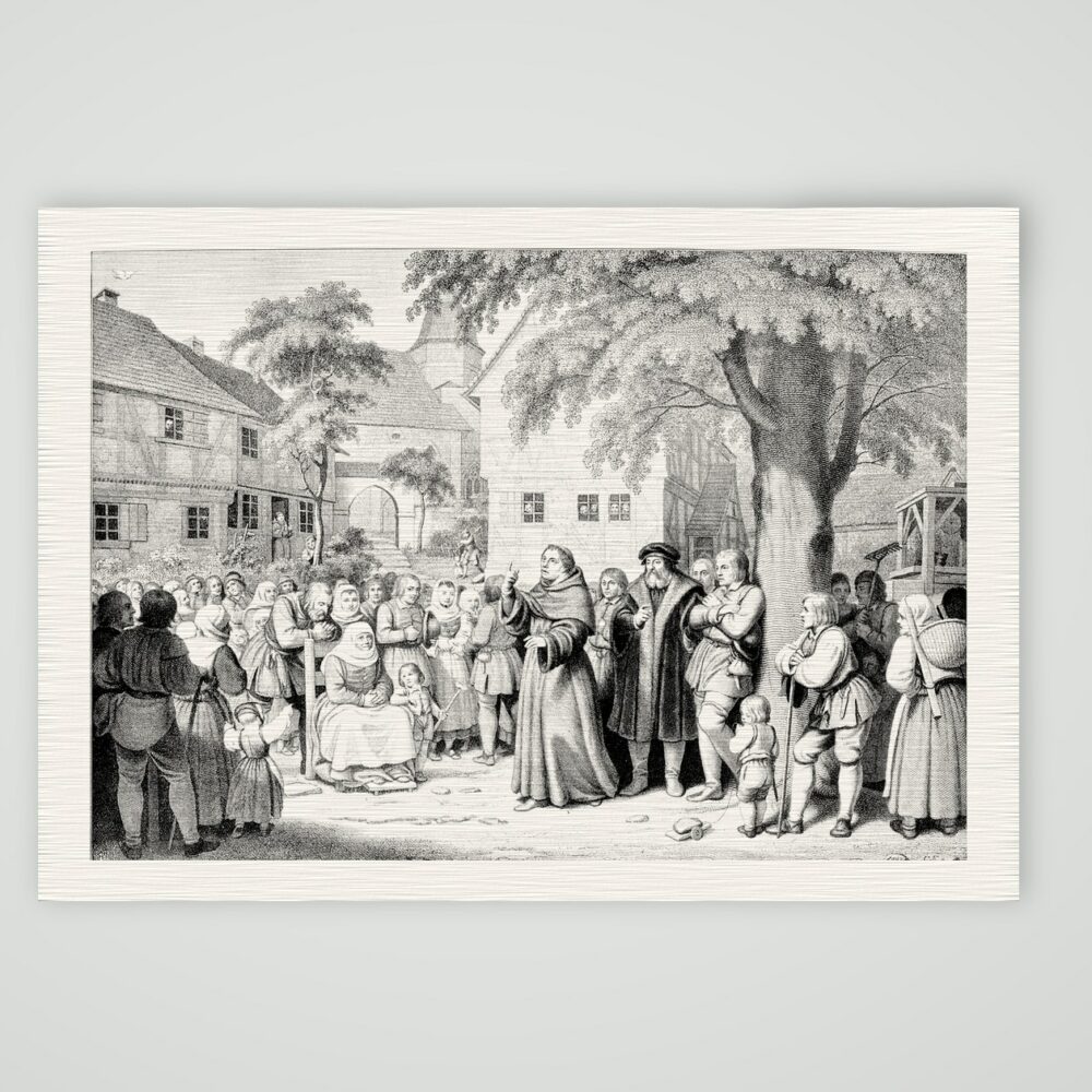 Luther predigt in Möhra – nach Schwerdgeburth – Buchreproduktion nach C. A. Schwerdgeburth, Kunstdruck auf Leinenpapier