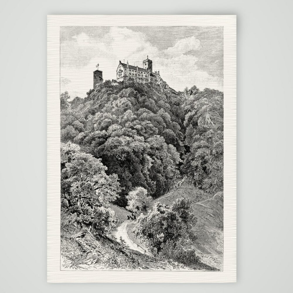 Die Wartburg über dem Thüringer Wald – Holzstich, Kunstdruck auf Leinenpapier