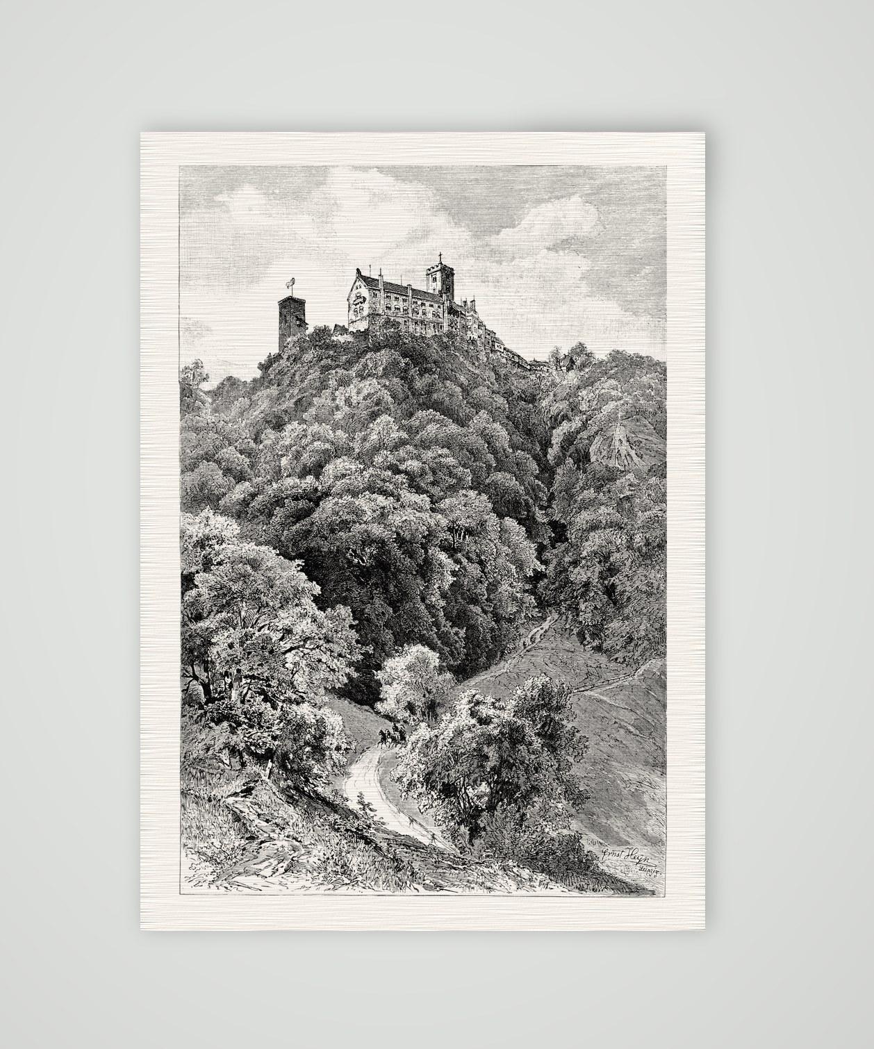 Die Wartburg über dem Thüringer Wald – Holzstich, Kunstdruck auf Leinenpapier