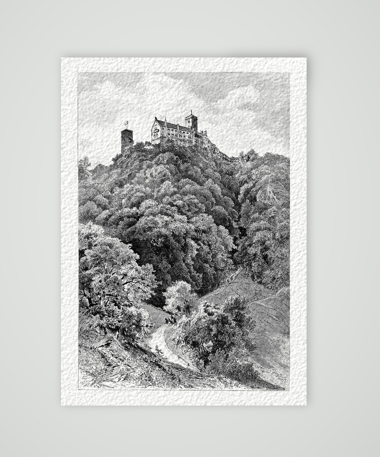 Die Wartburg über dem Thüringer Wald – Holzstich, Kunstdruck auf Hahnemühle-Büttenpapier