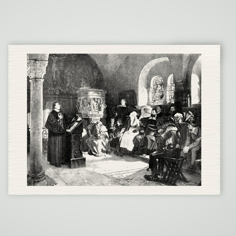 Luther predigt auf der Wartburg – nach H. Vogel – Buchreproduktion nach dem Gemälde von H. Vogel, Kunstdruck auf Leinenpapier