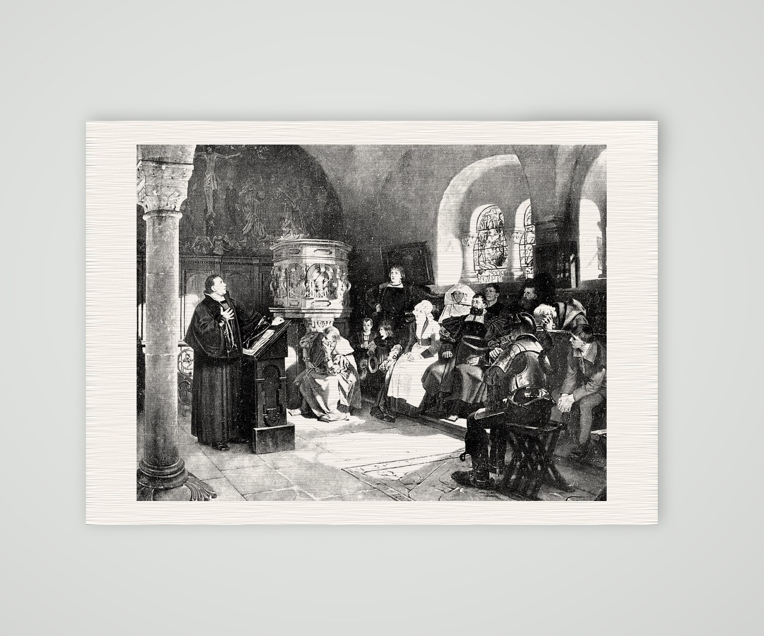Luther predigt auf der Wartburg – nach H. Vogel – Buchreproduktion nach dem Gemälde von H. Vogel, Kunstdruck auf Leinenpapier