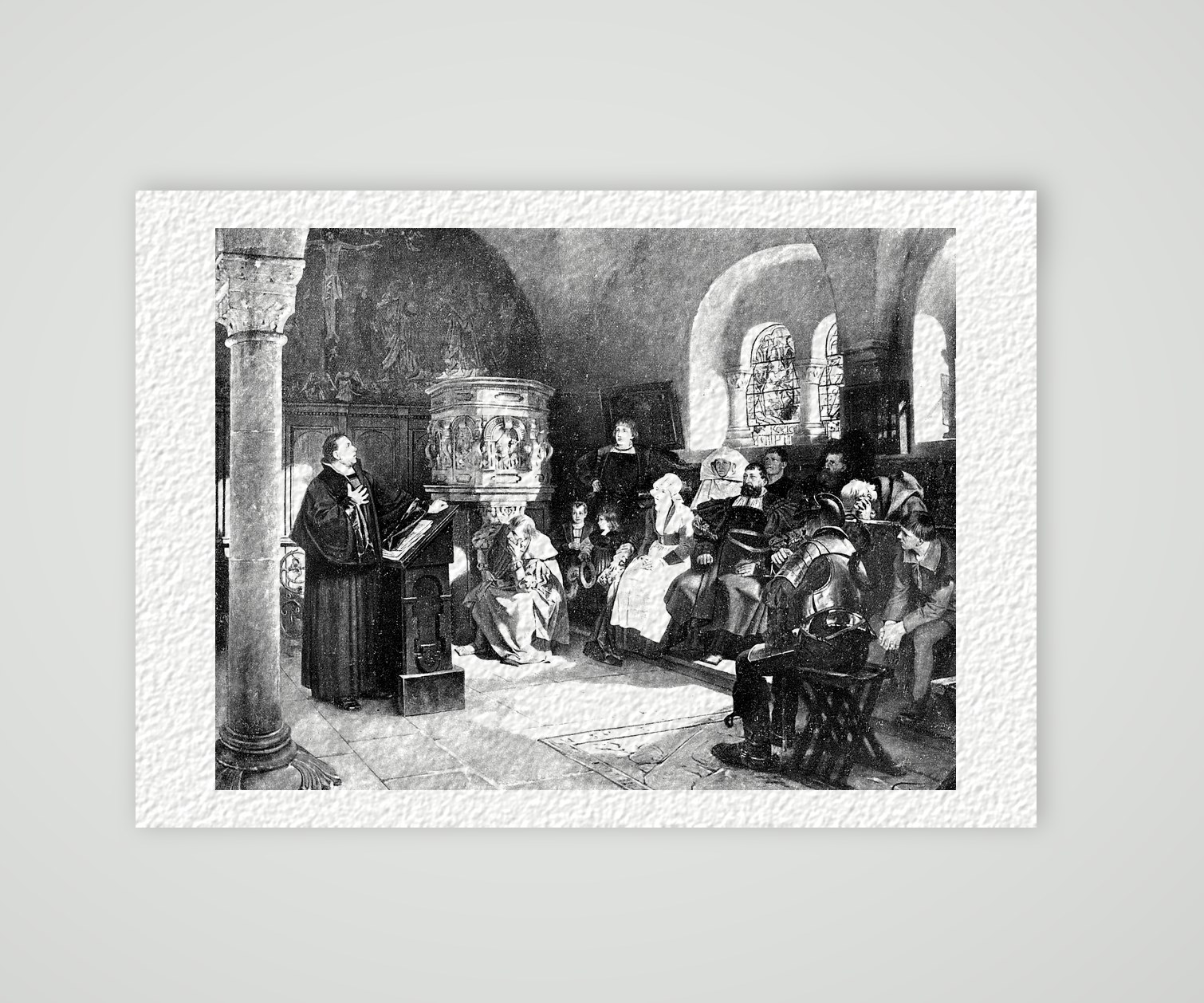 Luther predigt auf der Wartburg – nach H. Vogel – Buchreproduktion nach dem Gemälde von H. Vogel, Kunstdruck auf Hahnemühle-Büttenpapier