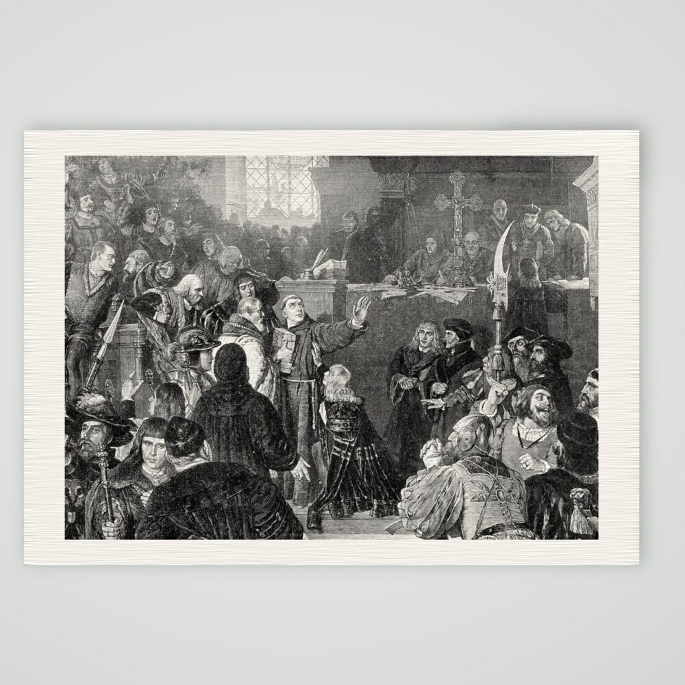 Luther nach seiner Rede in Worms – nach Beckmann – Buchreproduktion nach dem Gemälde von W. Beckmann, Kunstdruck auf Leinenpapier