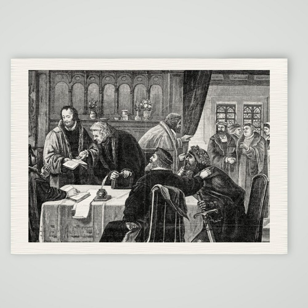 Die Reformatoren in Pirckheimers Haus – nach Schönherr – Holzstich nach dem Gemälde von C. Schönherr, Kunstdruck auf Leinenpapier