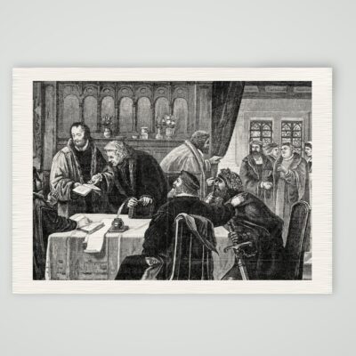 Die Reformatoren in Pirckheimers Haus – nach Schönherr – Holzstich nach dem Gemälde von C. Schönherr, Kunstdruck auf Leinenpapier