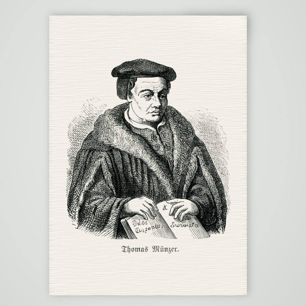 Thomas Müntzer, Bildnis mit Pelzmantel und aufgeschlagenem Buch, historischer Holzstich, Kunstdruck auf Leinenpapier