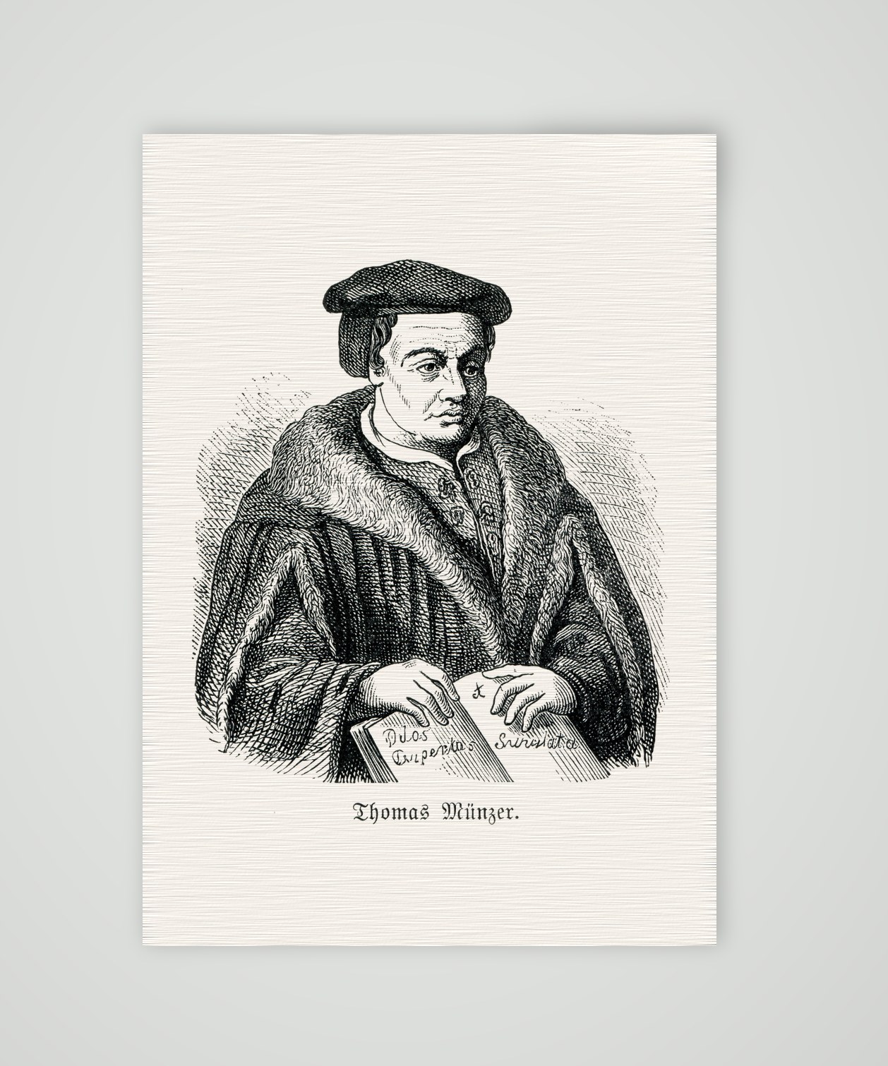 Thomas Müntzer, Bildnis mit Pelzmantel und aufgeschlagenem Buch, historischer Holzstich, Kunstdruck auf Leinenpapier