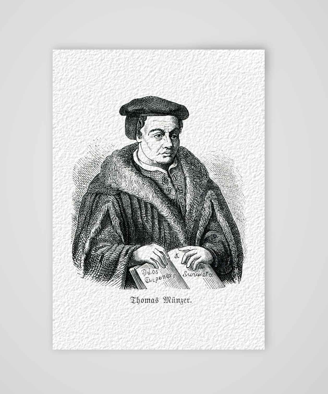 Thomas Müntzer, Bildnis mit Pelzmantel und aufgeschlagenem Buch, historischer Holzstich, Kunstdruck auf Hahnemühle-Büttenpapier