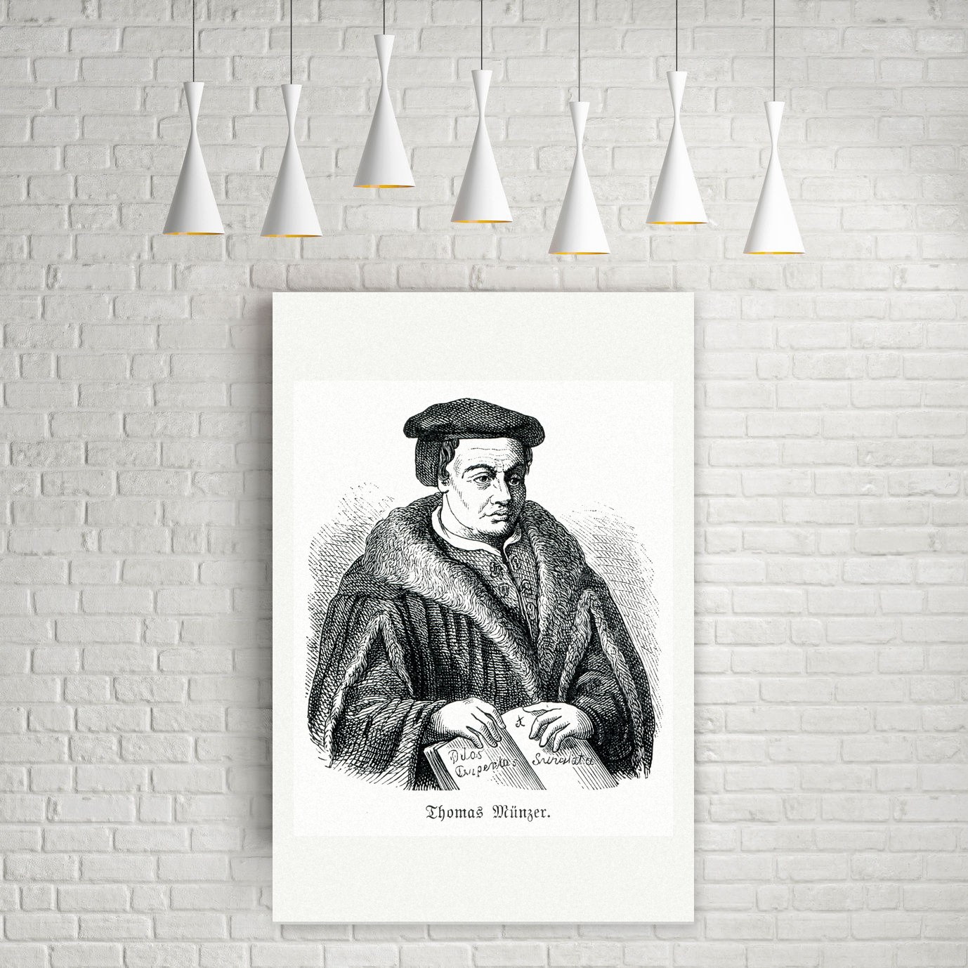 Thomas Müntzer, Bildnis mit Pelzmantel und aufgeschlagenem Buch, historischer Holzstich, Leinwanddruck auf Holzkeilrahmen an der Wand