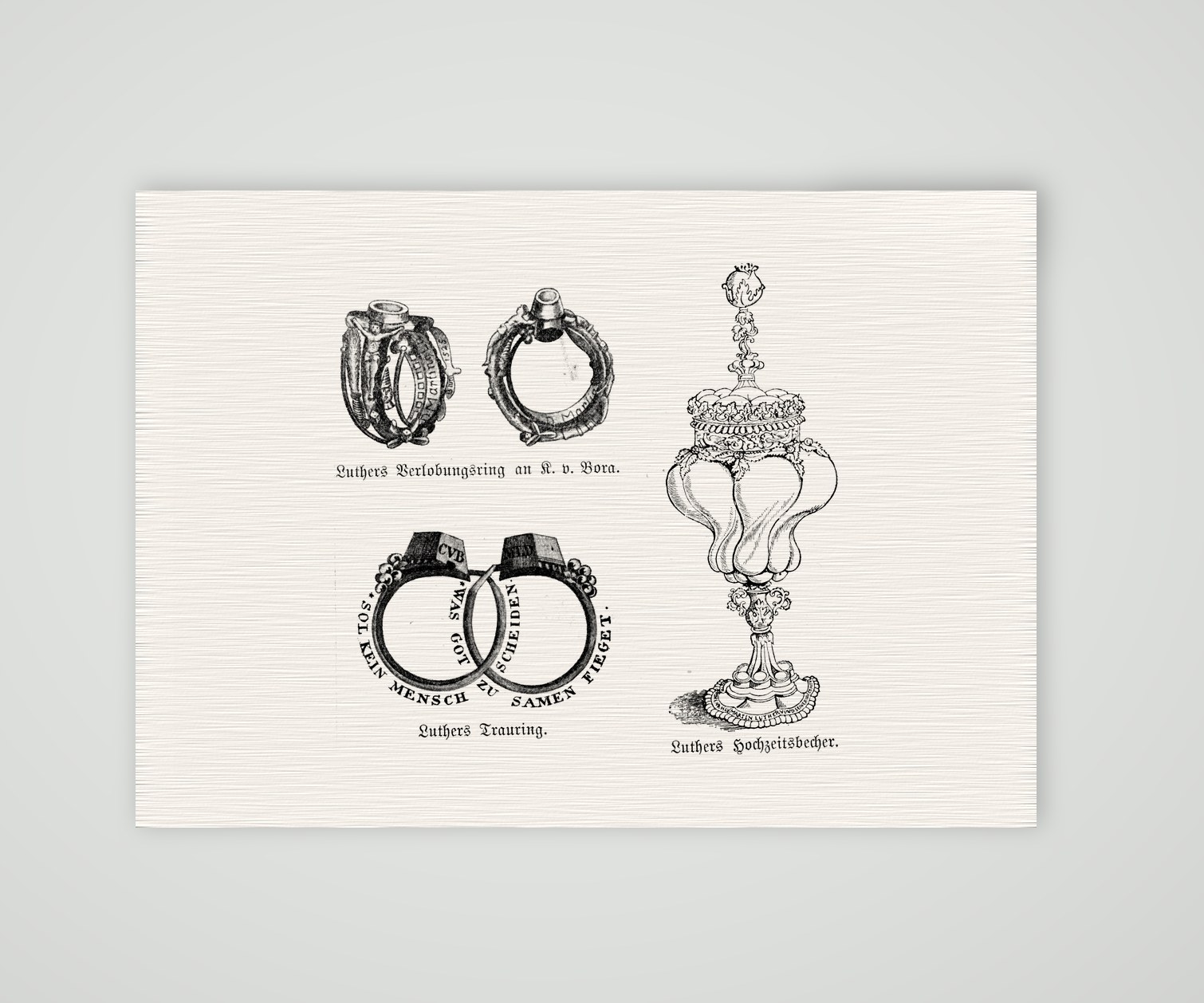 Luthers Verlobungsring, Trauring und Hochzeitsbecher – Holzstich, Kunstdruck auf Leinenpapier