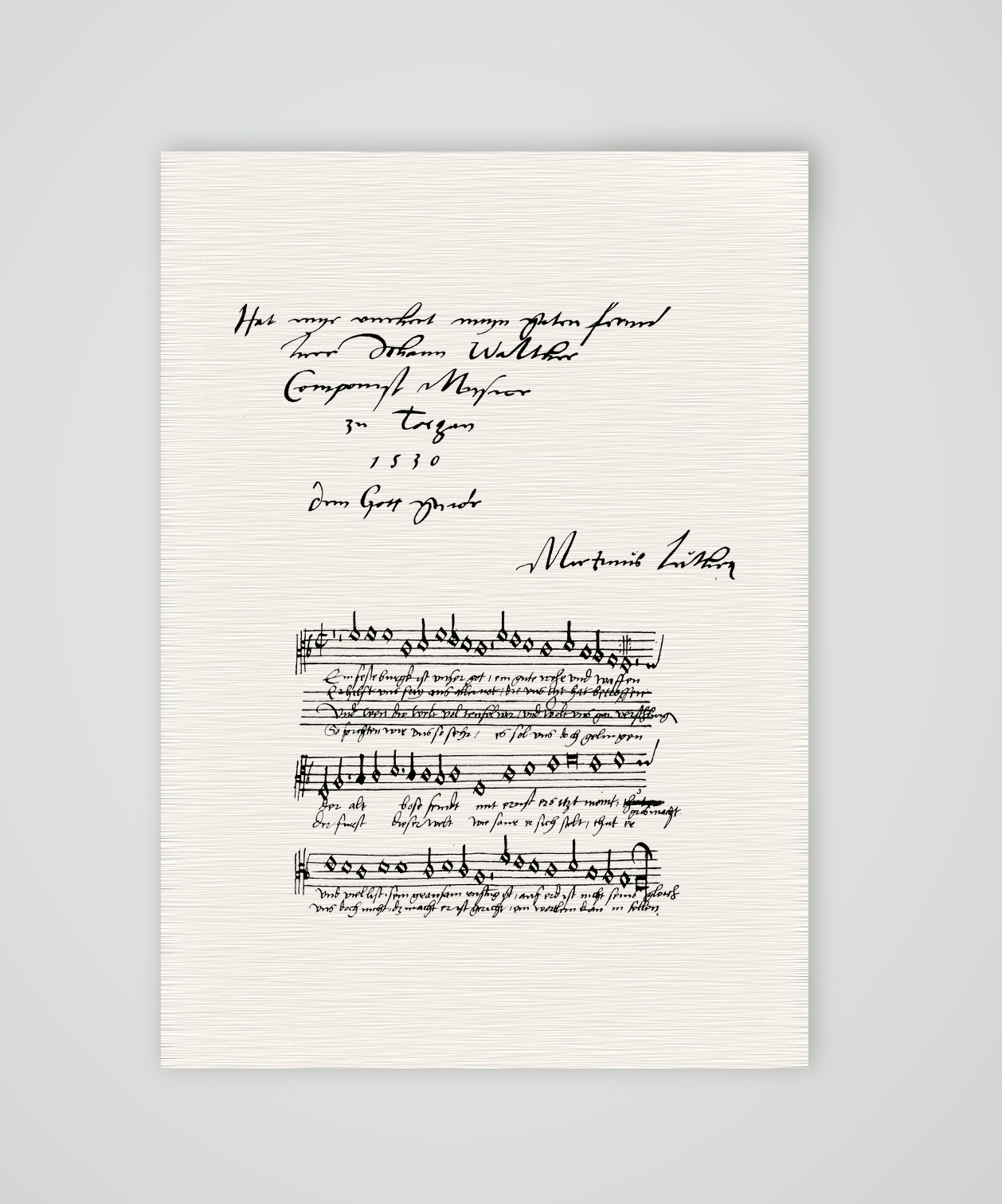 „Ein feste Burg“ – Luthers Handschrift und Noten – Faksimile nach Luthers Handschrift, Kunstdruck auf Leinenpapier